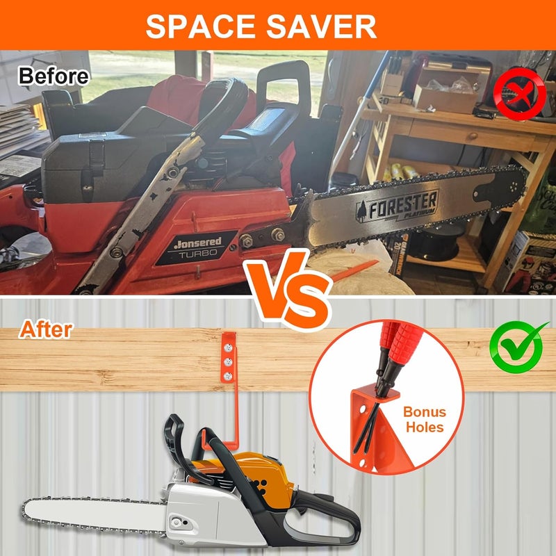 iulrtba 3 in 1 Chainsaw Holder 10" - Heavy Duty Chainsaw Wall Mount, 10 Gauge Steel Chain Saw Hanger for Garage Organization, Hefty Rack Storage Organizer for Chainsaw Accessories and Tools, 180lbs Capacity - Image 2